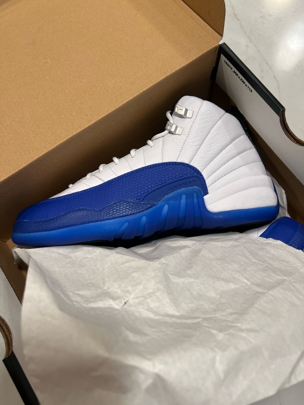 Jordan White and Royal Blue Retro 12 Sneakers - Picture 13 of 13